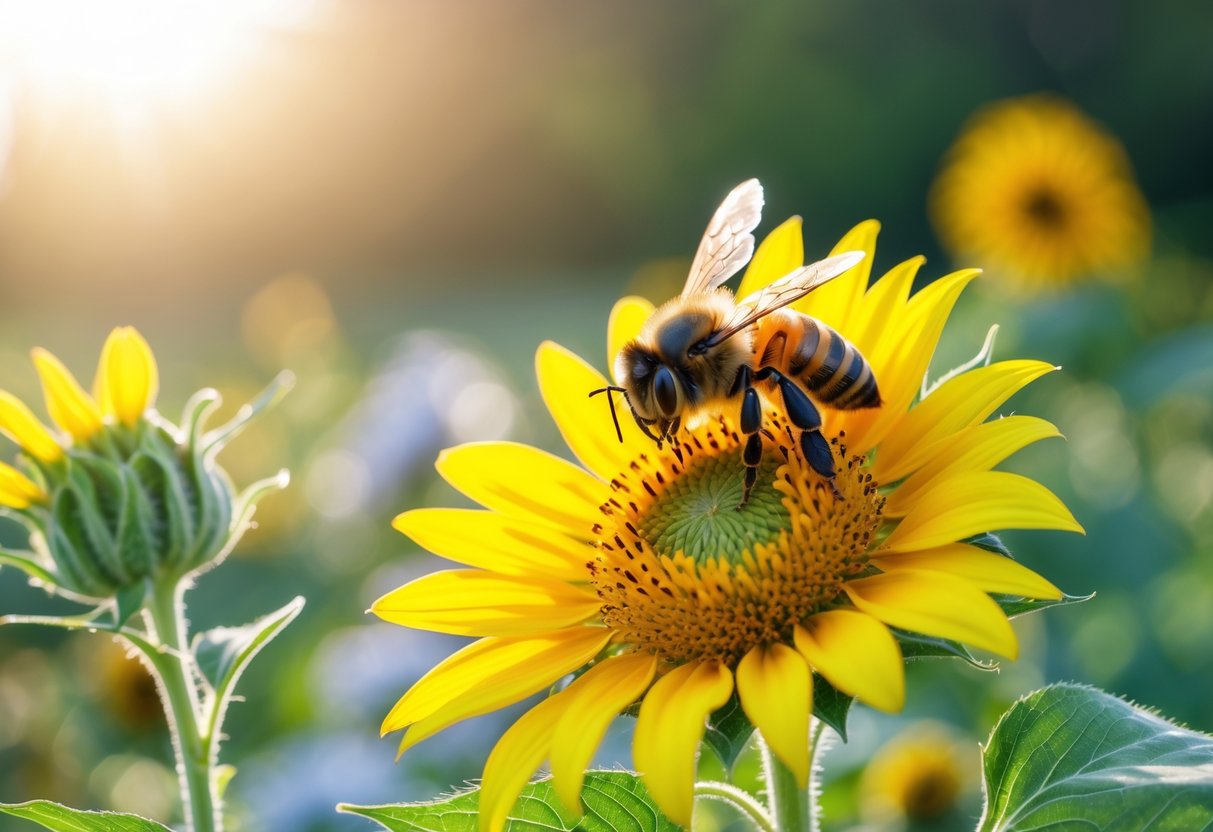 A honeybee collecting pollen from a yellow sunflower surrounded by green plants and wildflowers.