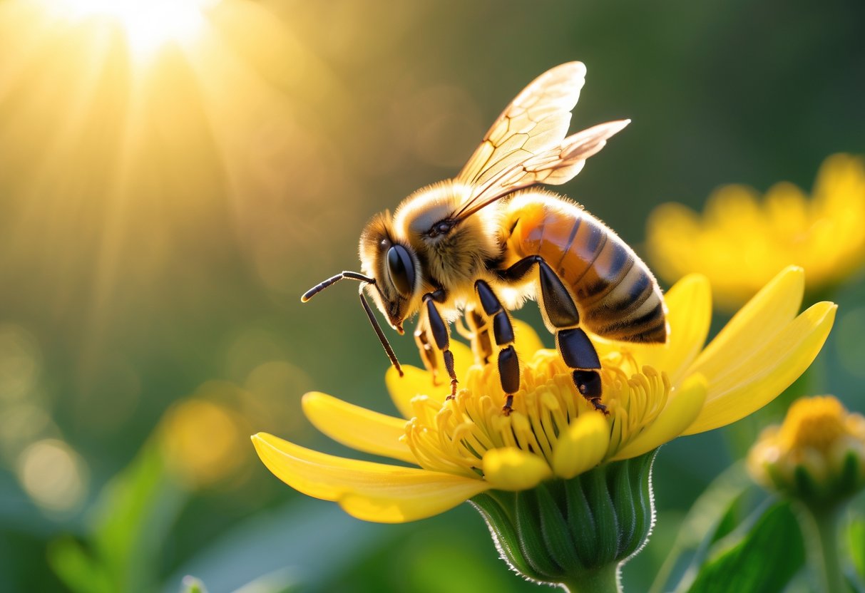 Close-up of a honeybee on a yellow flower with blurred green foliage and sunlight in the background.
