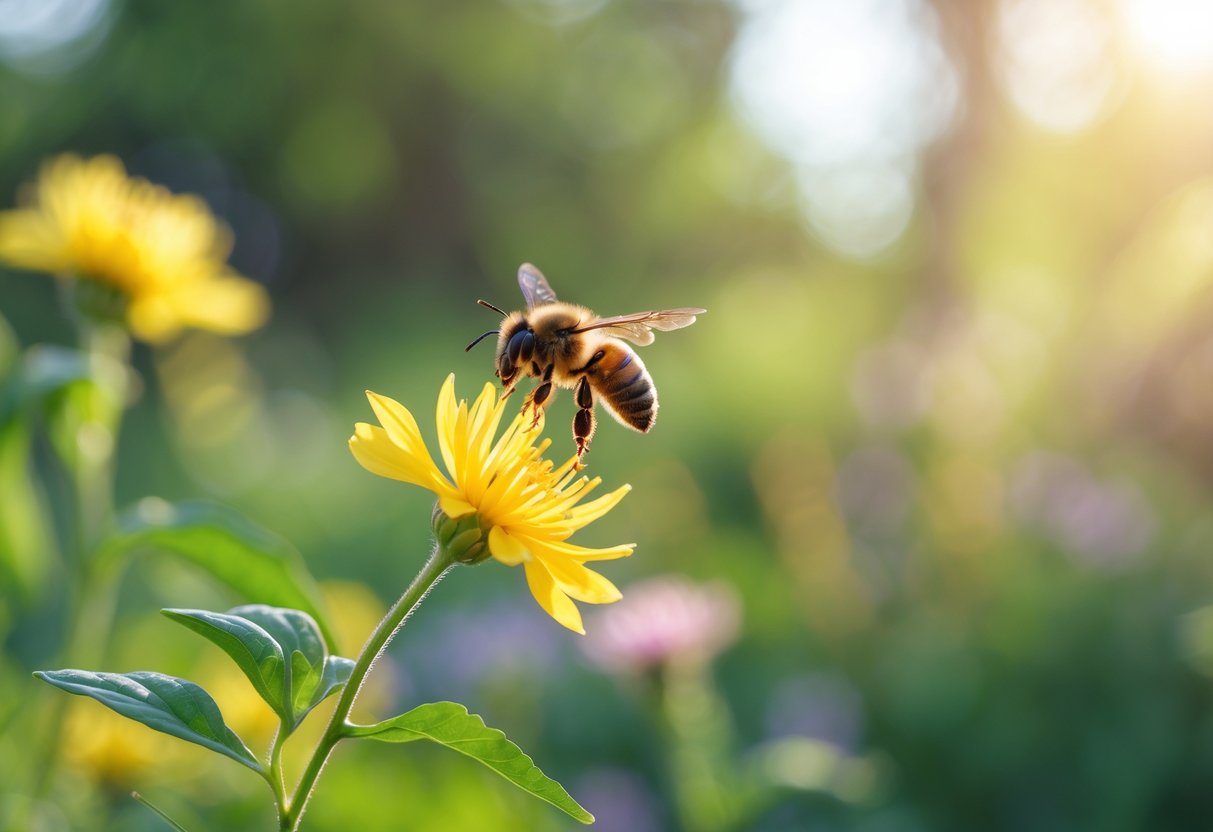 A bee hovering near a yellow flower in a sunlit garden with green foliage in the background.