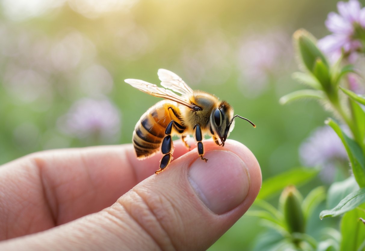 A person gently holding a honeybee on their fingertip in a garden with flowers and greenery.