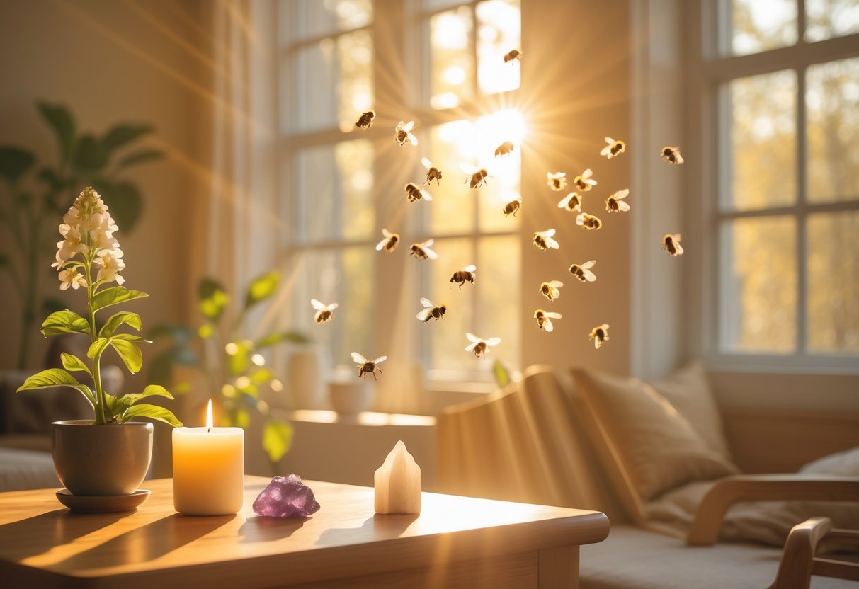 A sunlit living room corner with bees hovering near a blooming indoor plant on a wooden table surrounded by a candle and a crystal.