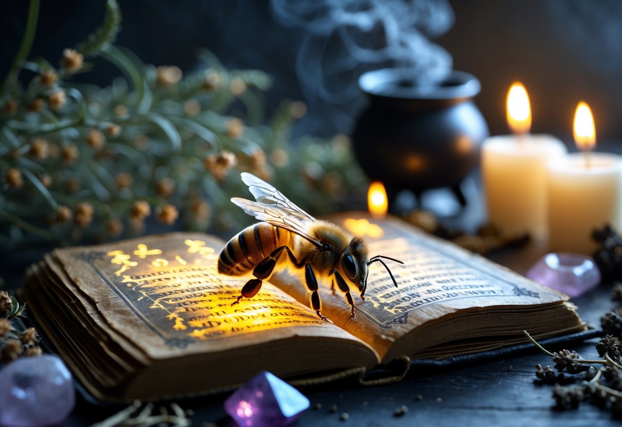 A close-up of a honeybee on an open spell book surrounded by herbs, crystals, candles, and a small cauldron with smoke.