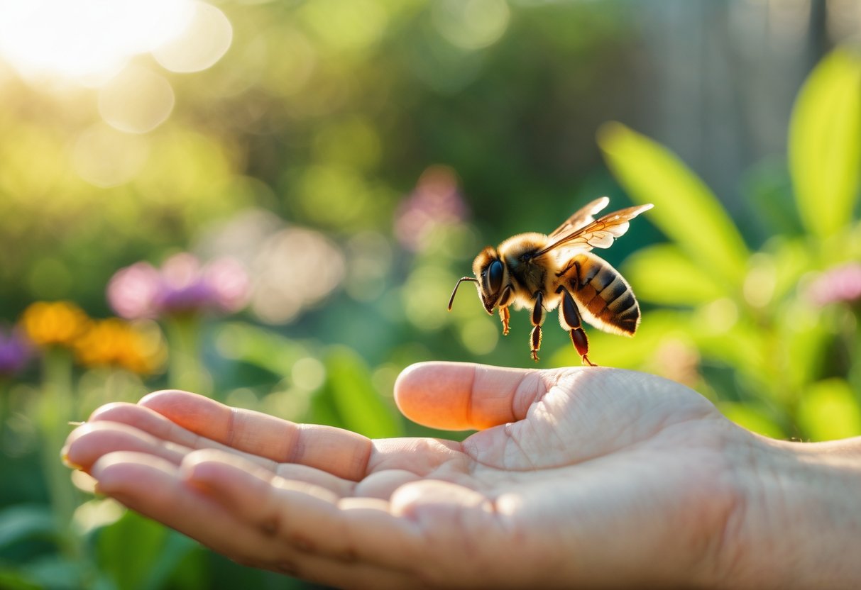 A bee hovering near a person's outstretched hand in a garden with green plants and flowers.