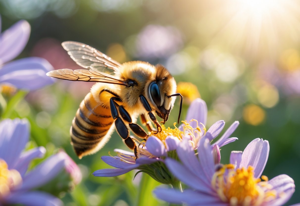 A honeybee collecting nectar from a flower in a garden.