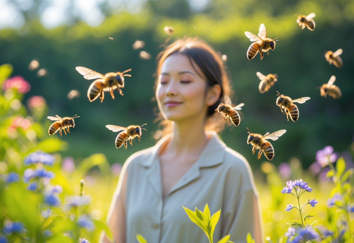 A person standing outdoors surrounded by bees flying near them in a garden with flowers and green plants.