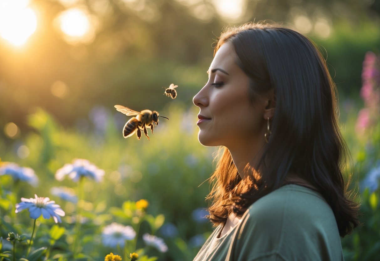 A person standing in a garden with a bee flying near their face, surrounded by flowers and greenery.