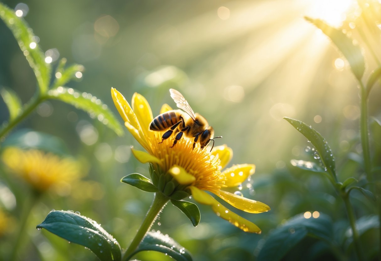 Close-up of a honeybee resting on a yellow flower with sunlight filtering through leaves in a garden.