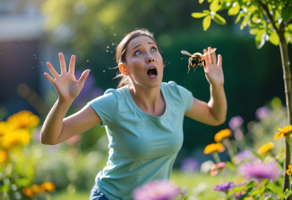 A person outdoors flailing their arms nervously near a bee flying close to their face in a garden.