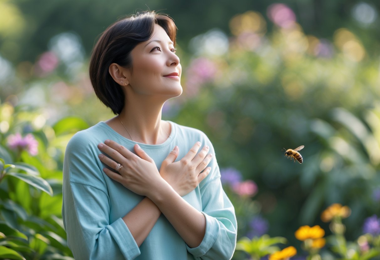 A person outdoors calmly observing a bee flying nearby with green plants and flowers in the background.
