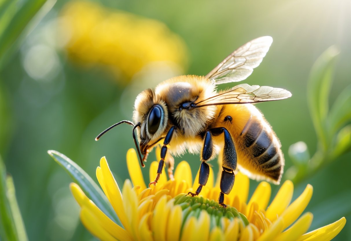 A bee sitting on a yellow flower surrounded by green leaves.