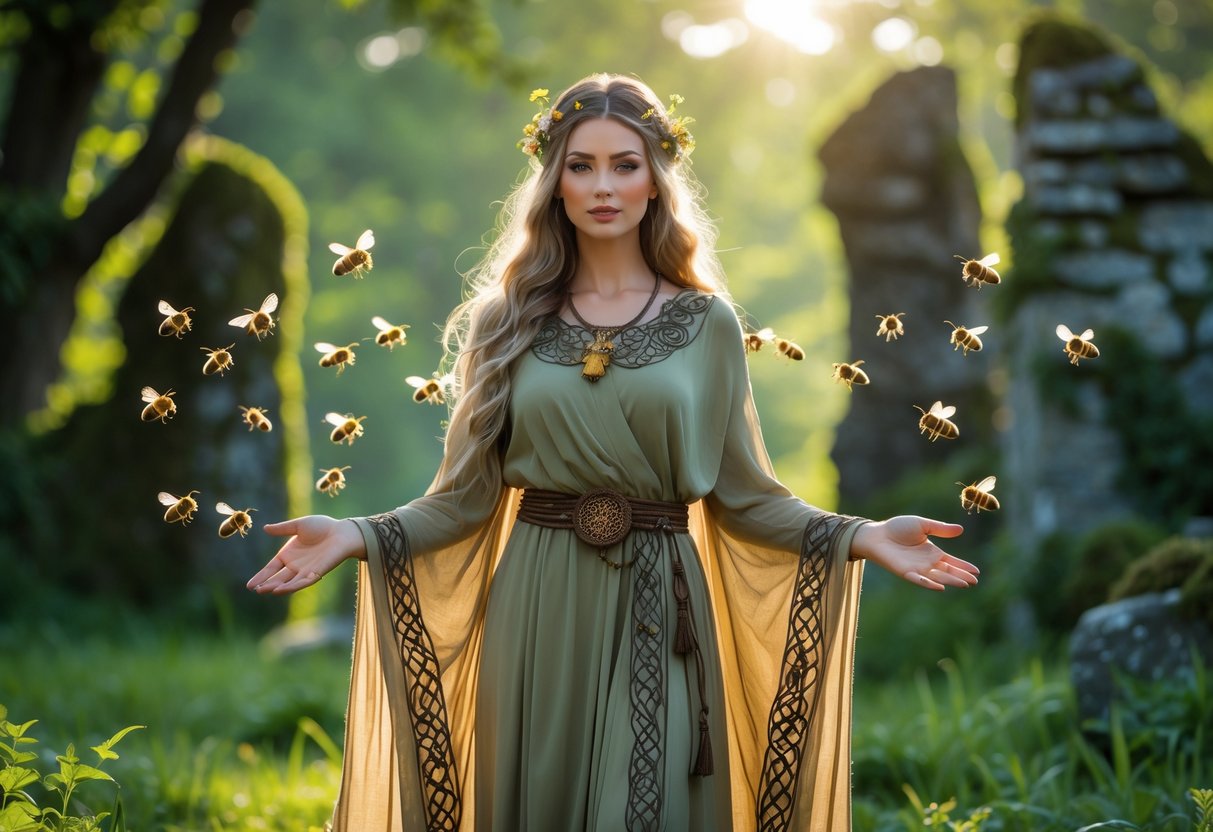 A woman dressed in earth-toned robes stands in a forest clearing surrounded by bees, with ancient stone ruins in the background.