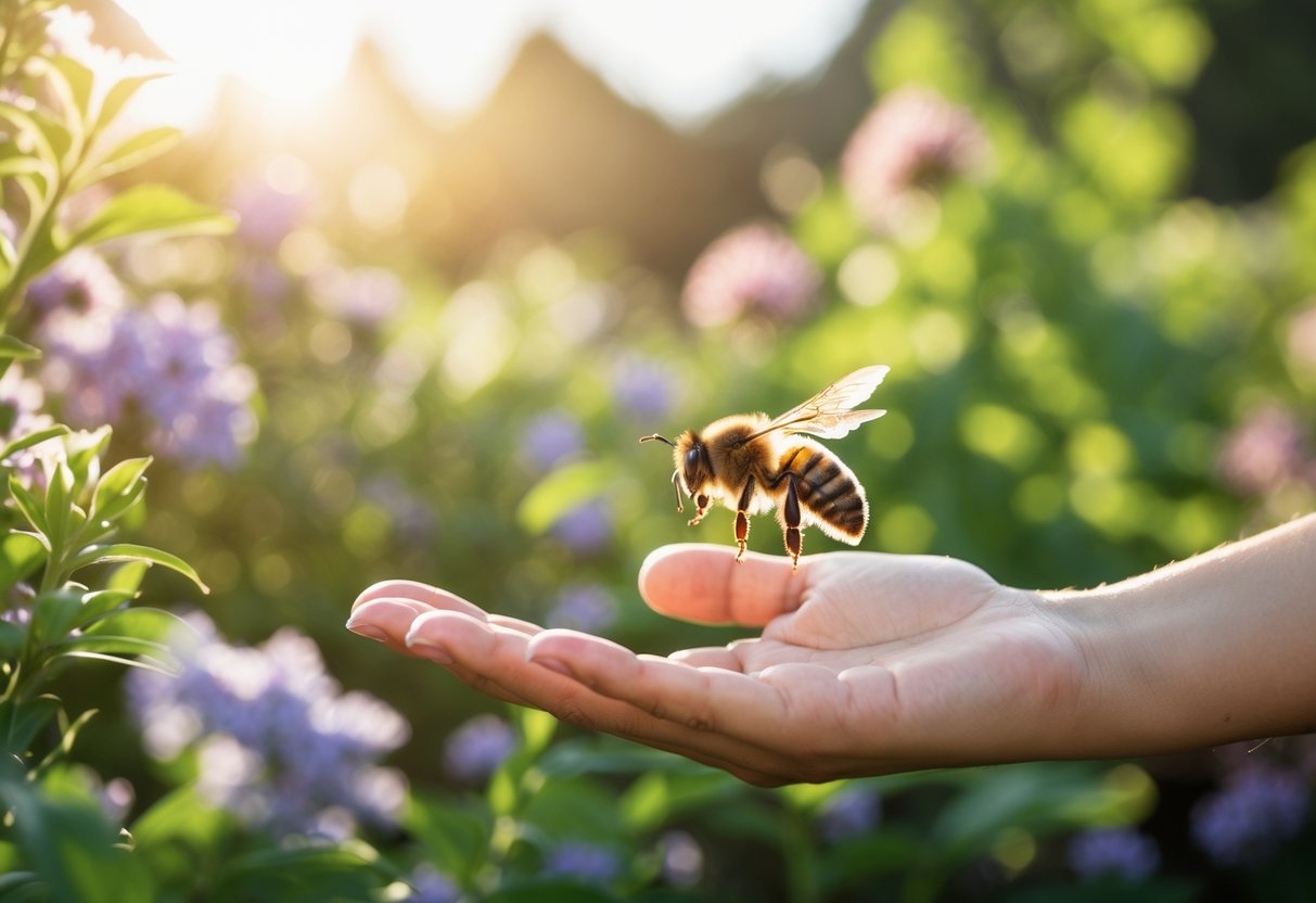 A bee hovering near a person's outstretched hand in a garden with flowers and greenery.