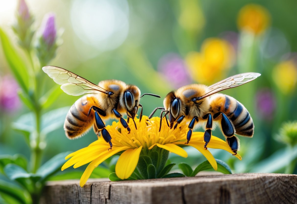 Two bees in a garden, one collecting nectar from a yellow flower and another resting on wood nearby.