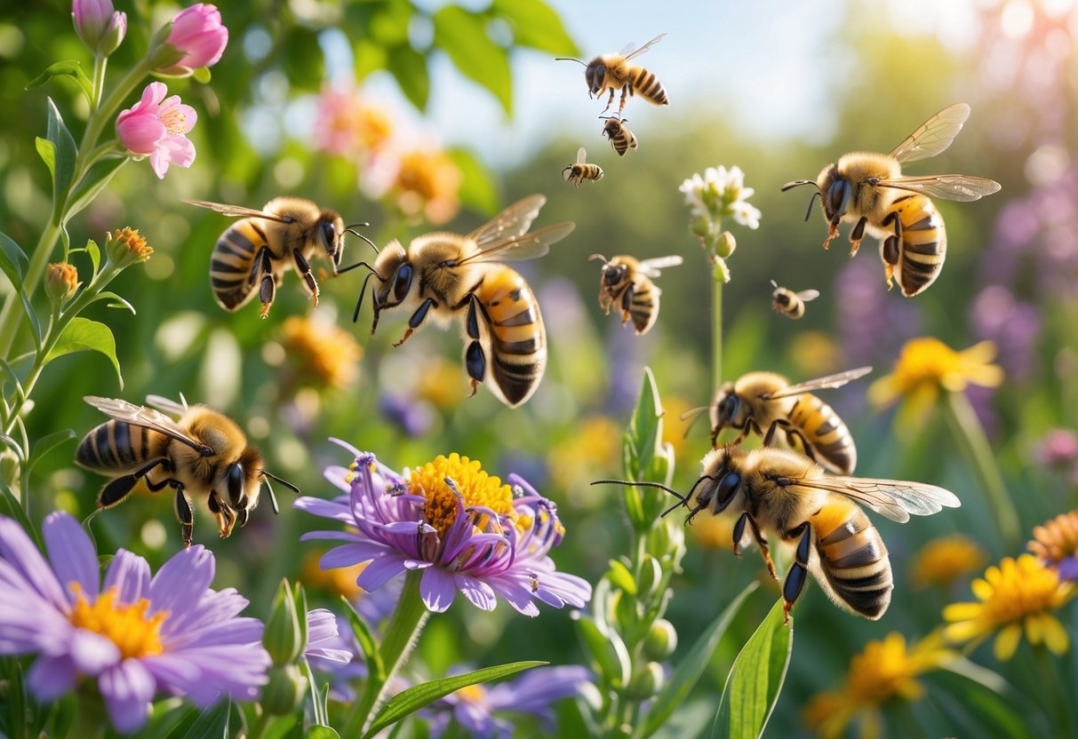 Various types of bees visiting colorful flowers in a garden, showing them pollinating and flying among green plants.
