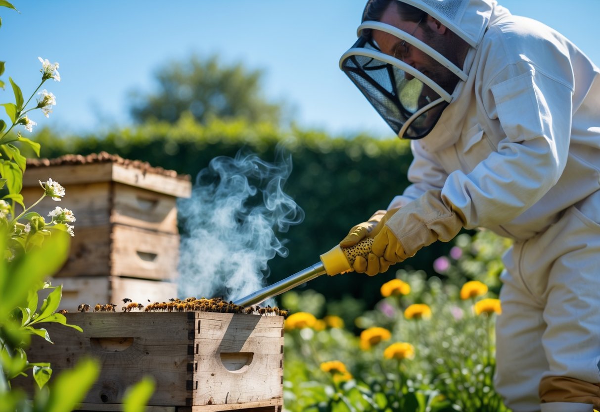 Person in protective clothing using a bee smoker near a wooden beehive outdoors.
