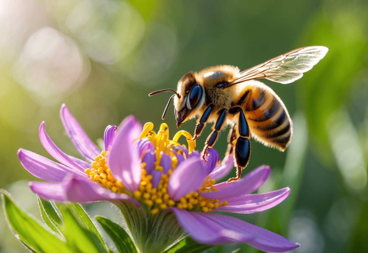 A bee sitting on a colorful flower surrounded by green leaves.