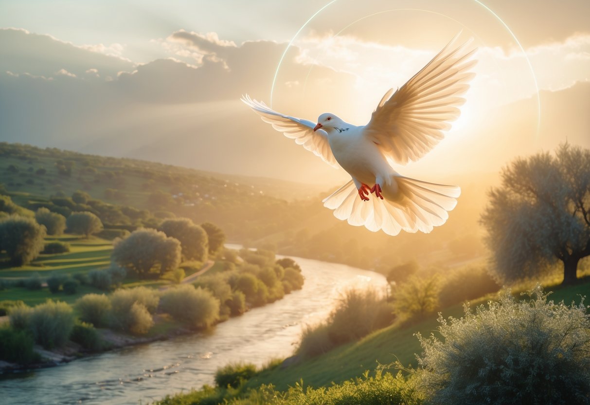 A white dove flying over a peaceful river landscape with trees and flowers at sunrise.