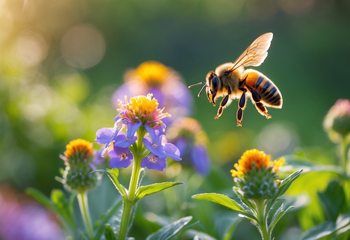 A bee hovering near a colorful flower surrounded by green plants in a natural outdoor setting.