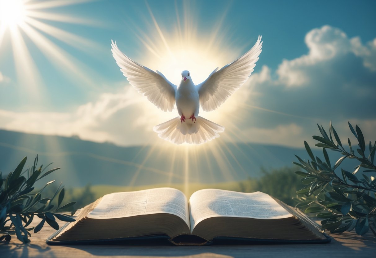 A radiant dove descending from bright light above over an open ancient Bible on a peaceful landscape with hills and soft sunlight.