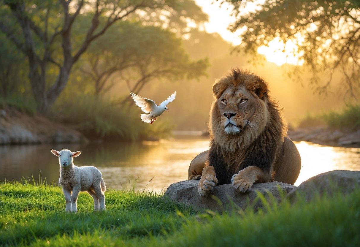 A peaceful outdoor scene with a lamb standing on grass, a lion resting on a rock, and a dove flying above a river at sunrise.
