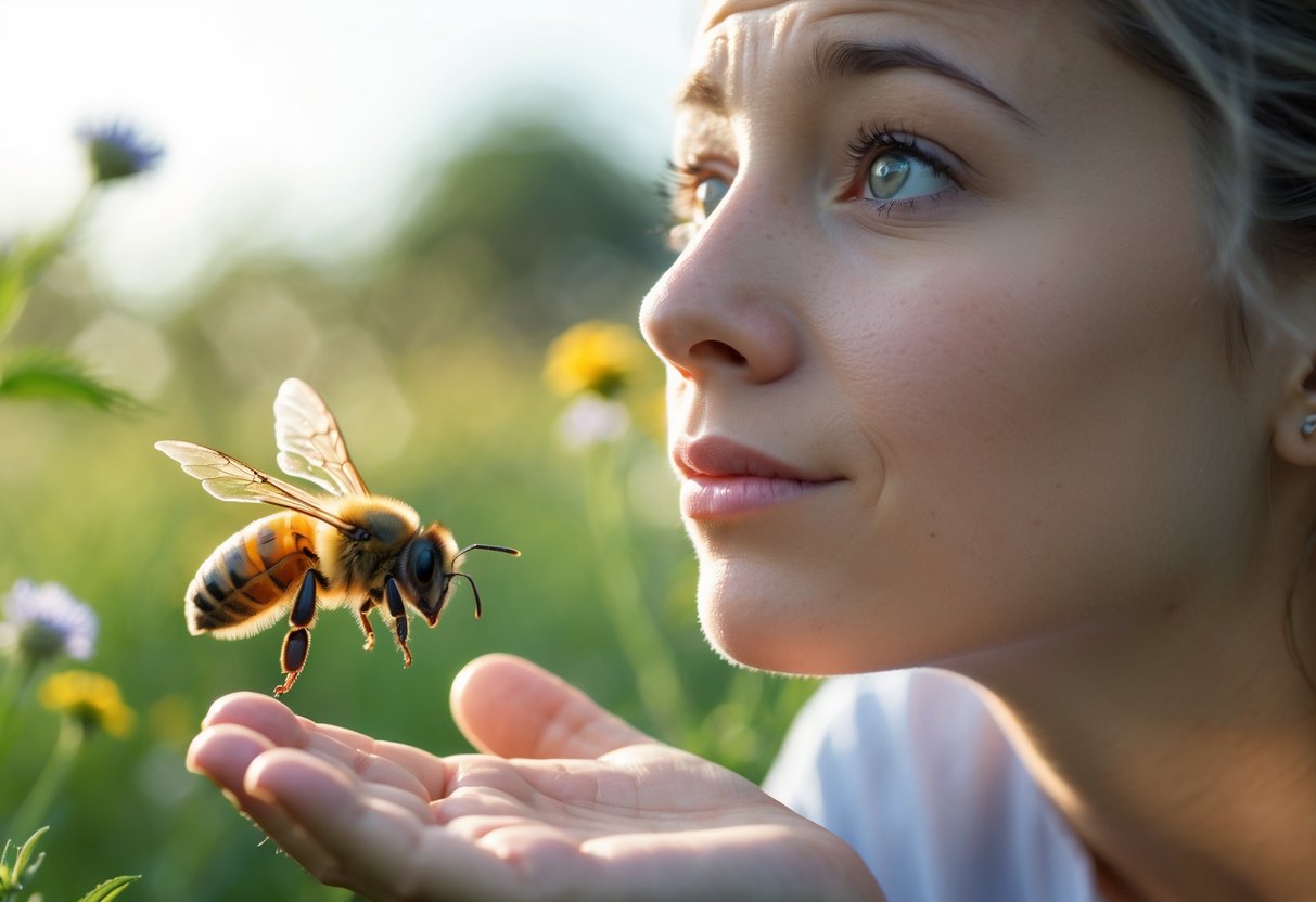 A person outdoors looking curiously at a honeybee hovering near their hand with greenery in the background.
