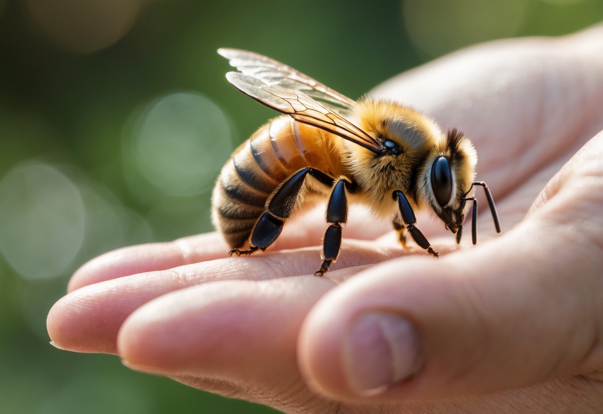 A honeybee resting calmly on a person's hand with a blurred green background.