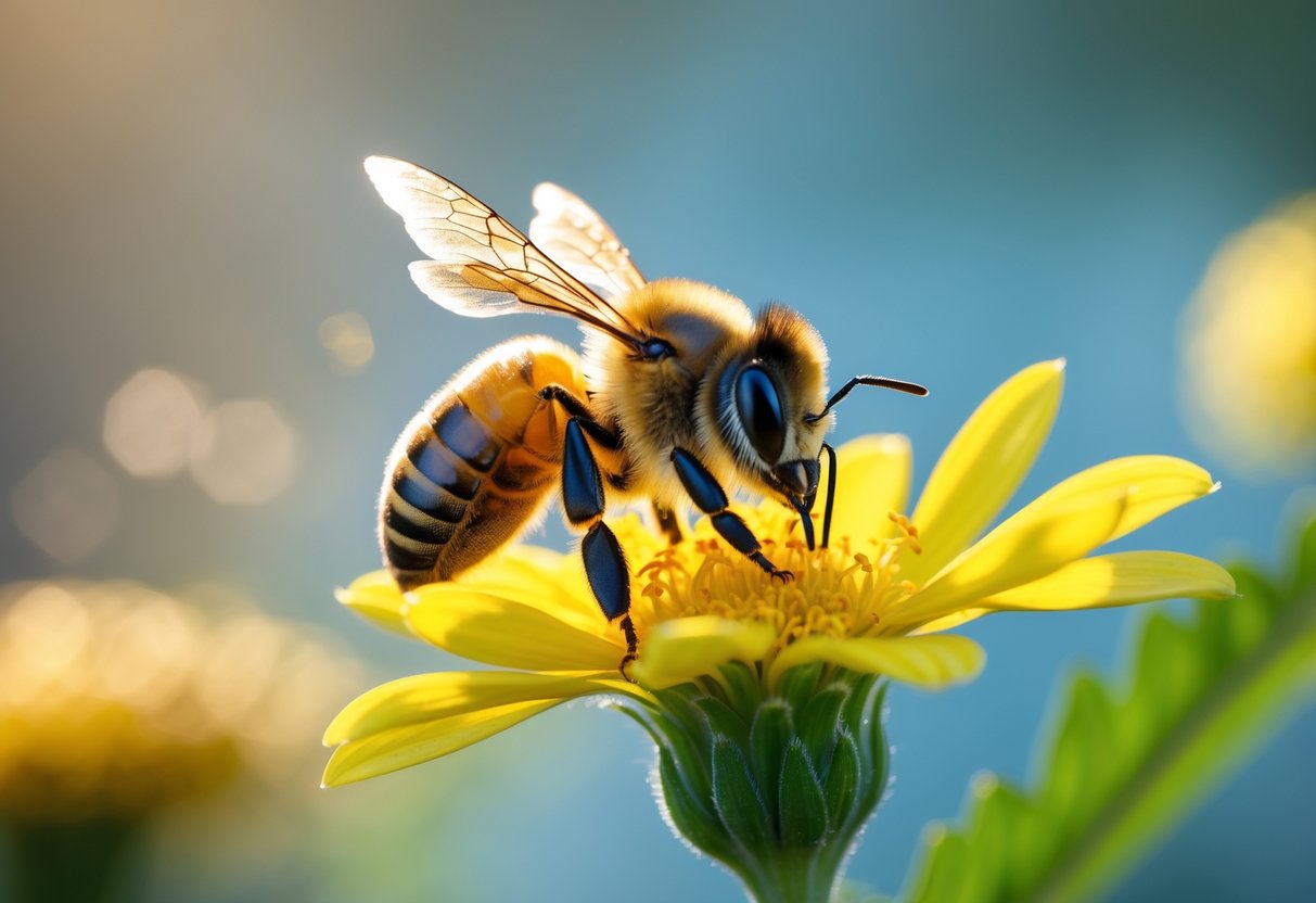 Close-up of a honeybee on a yellow flower with a blurred natural background, appearing alert and sensing its surroundings.