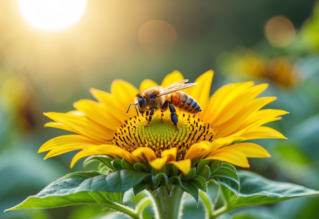 A honeybee sitting on a bright yellow sunflower with green leaves in the background.
