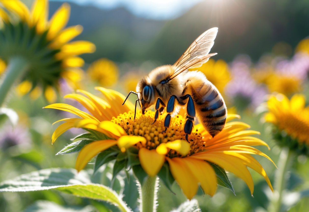 A close-up of a honeybee collecting nectar from a yellow sunflower in a sunlit meadow.