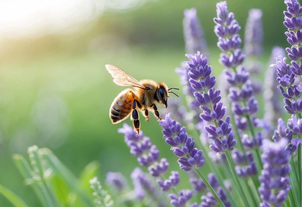 A honeybee flying near purple lavender flowers in a green meadow.