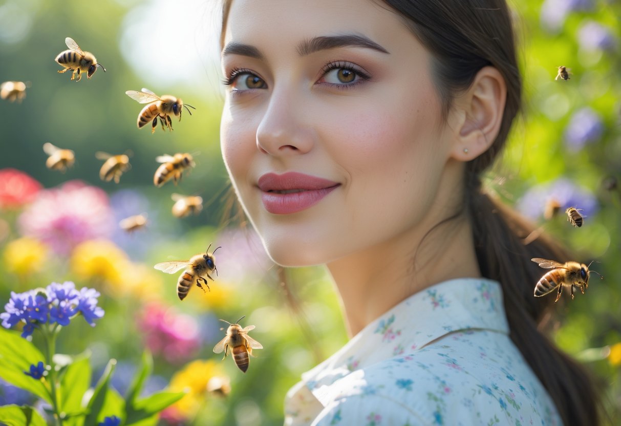A young woman in a sunny garden with bees flying around her face and shoulders.