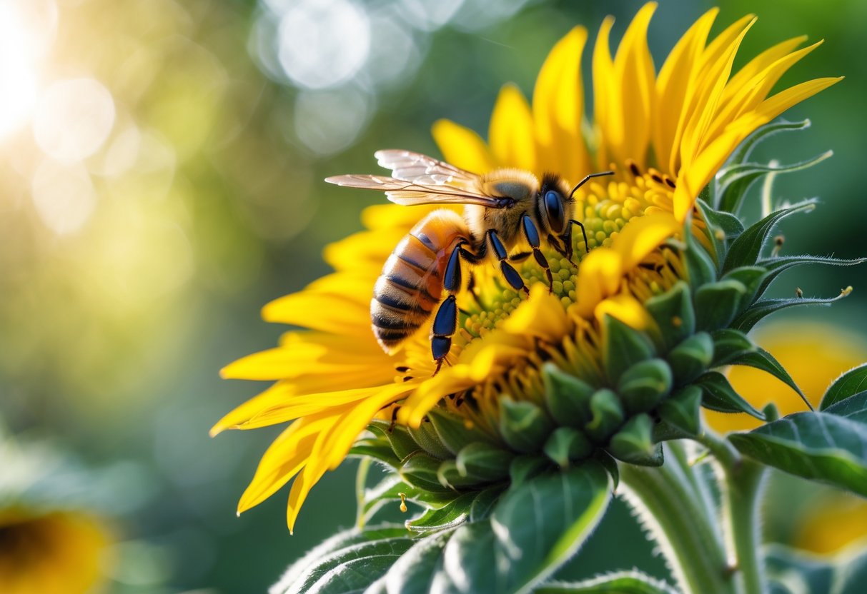 A honeybee collecting nectar on a bright yellow sunflower with green foliage in the background.