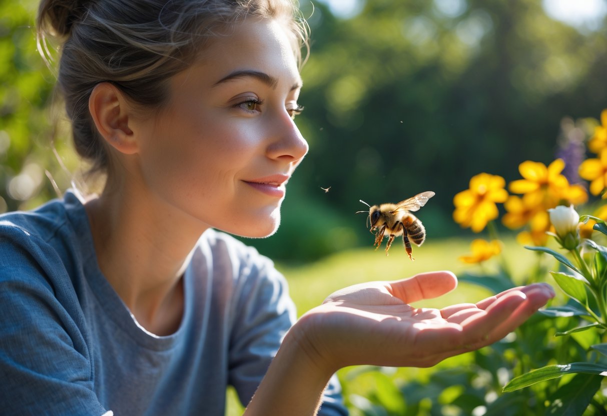 A person outdoors calmly observing a bee hovering near their hand among flowers and greenery.