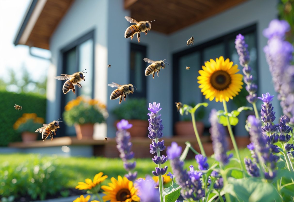 Bees collecting nectar from colorful flowers in a garden outside a house.