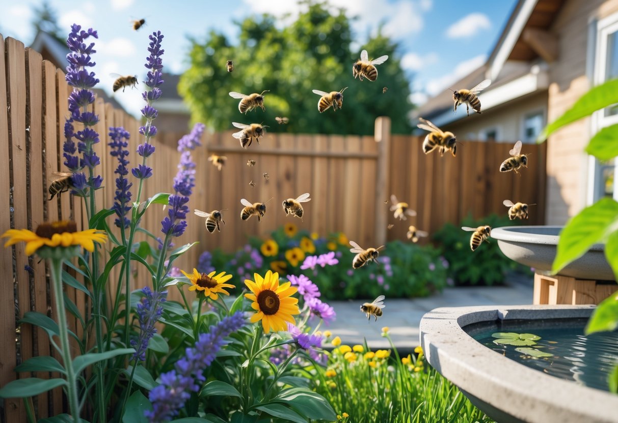 Bees flying around colorful flowers, a wooden fence, and a water source near a suburban house.