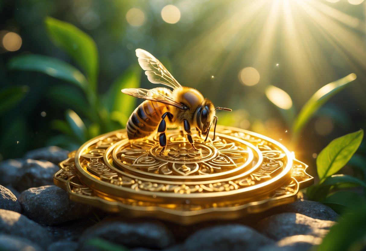 A close-up of a honeybee resting on a glowing golden emblem surrounded by soft sunlight and green foliage.