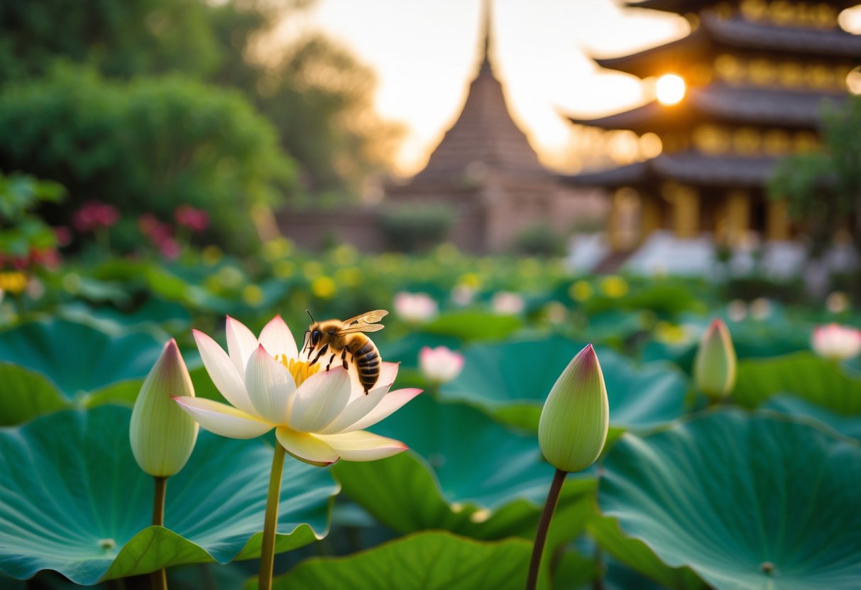 A honeybee resting on a blooming lotus flower in a peaceful Buddhist garden with a temple in the background.