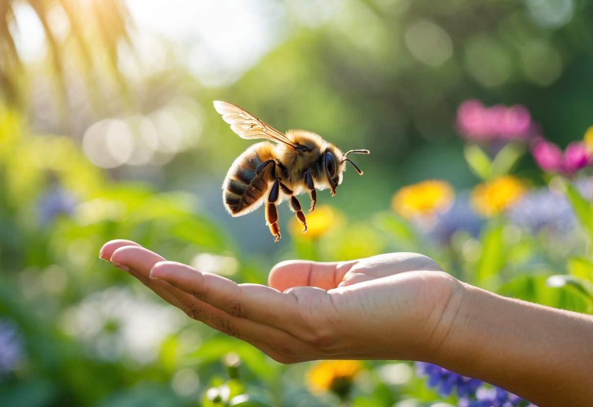 A bee landing on a person's outstretched hand in a garden with green plants and flowers.