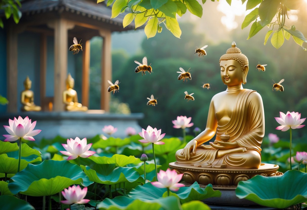 A golden Buddha statue surrounded by lotus flowers with bees hovering around in a peaceful garden setting.