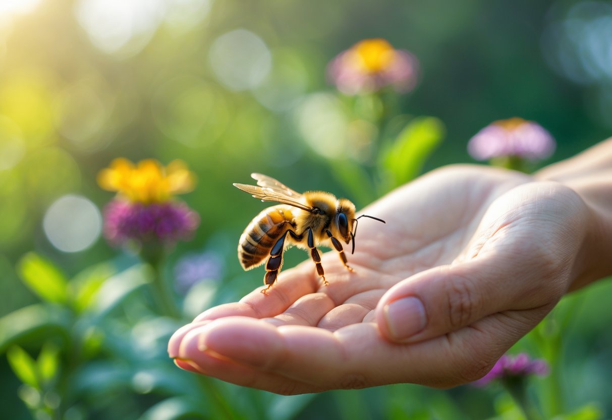 A honeybee landing on a person's outstretched hand surrounded by green plants and flowers.