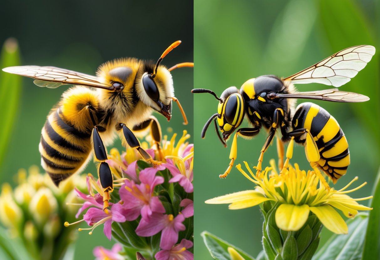 Close-up of a bee and a wasp on separate flowers showing their different body shapes and colors.