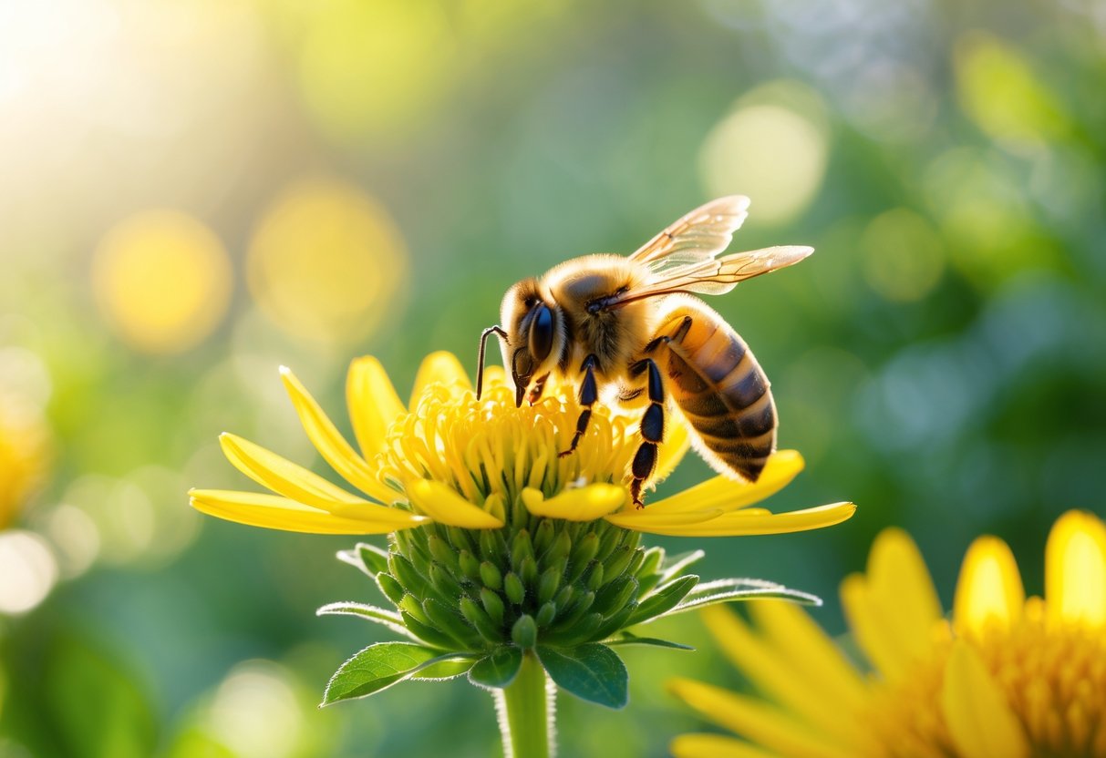 A honeybee sitting on a yellow flower with green leaves in the background.