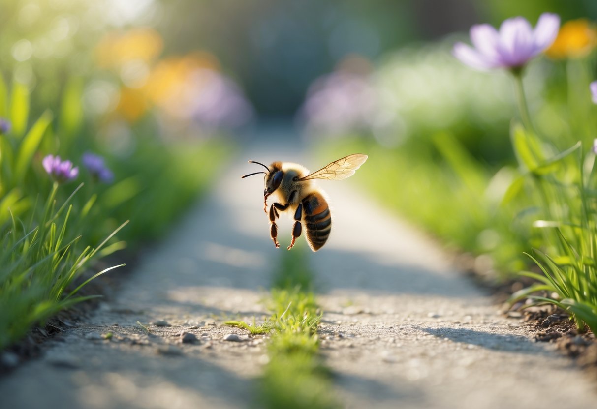 A bee flying over a garden path surrounded by grass and flowers.