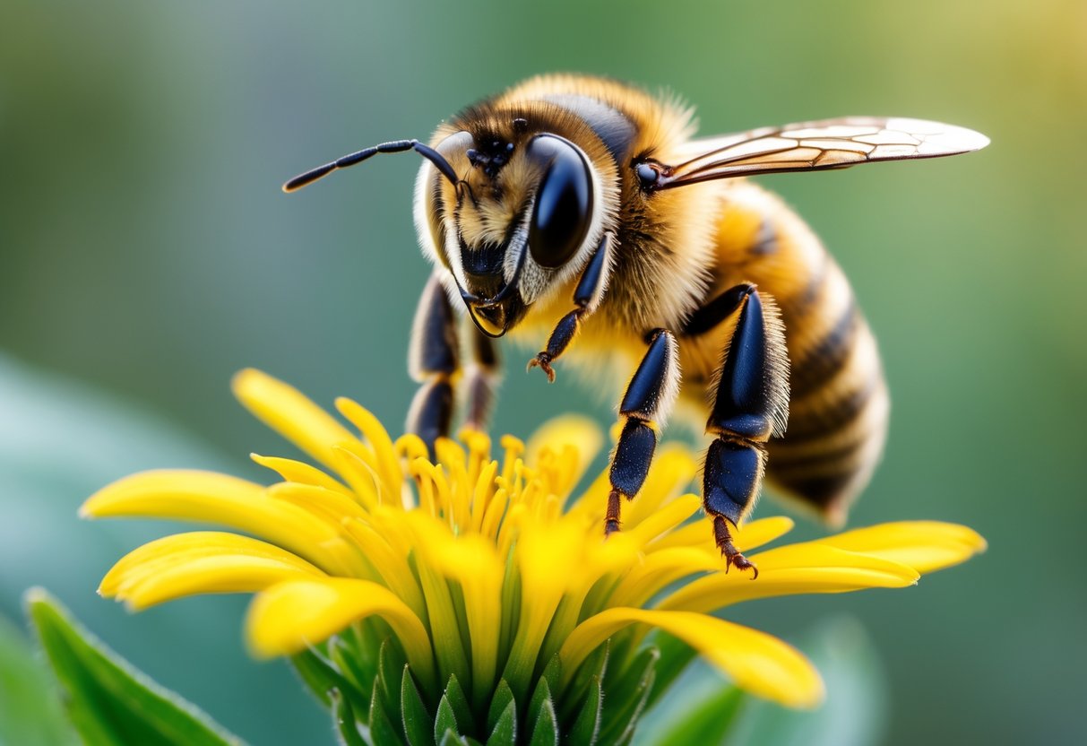 A close-up of a honeybee sitting on a yellow flower, facing forward.