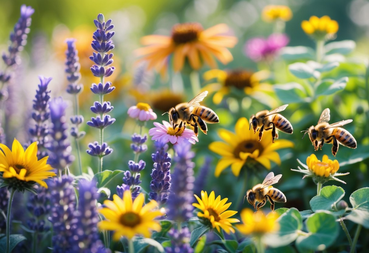 Close-up of bees collecting nectar from colorful flowers in a garden.