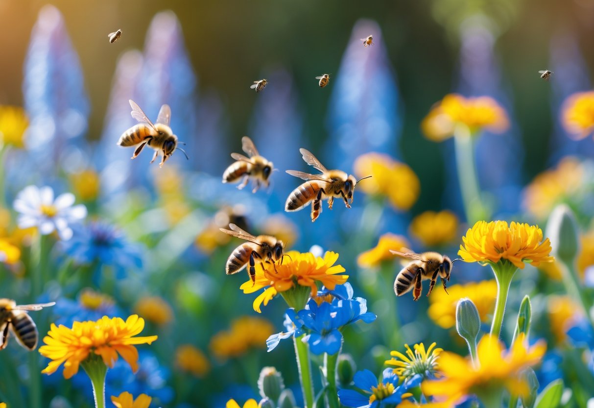 Bees pollinating yellow and blue flowers in a garden.