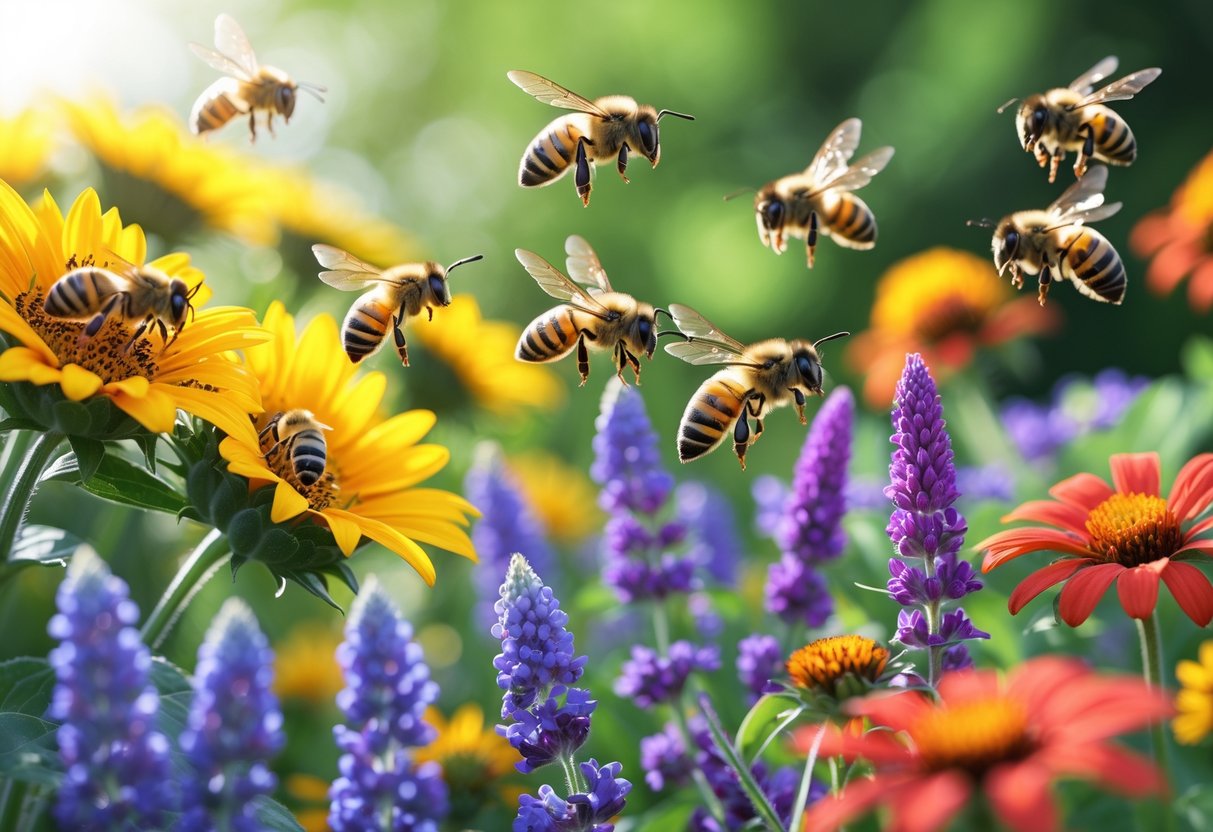 Bees collecting nectar and pollen from bright yellow, purple, and red flowers in a green garden.