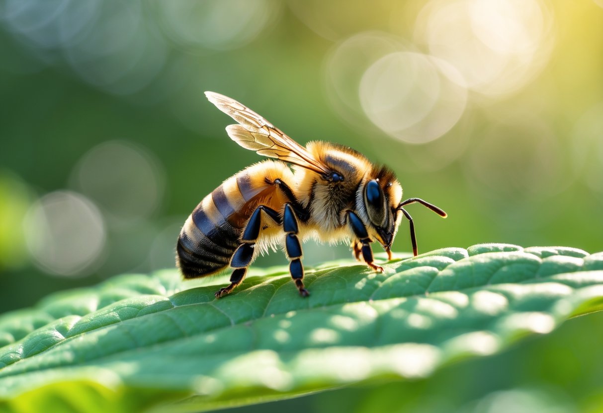 A close-up of a bee crawling on a green leaf outdoors.