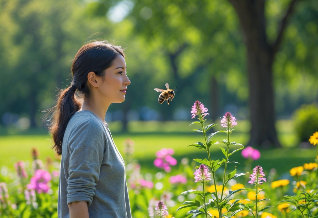 A person walking in a green park with a bee hovering near their shoulder.