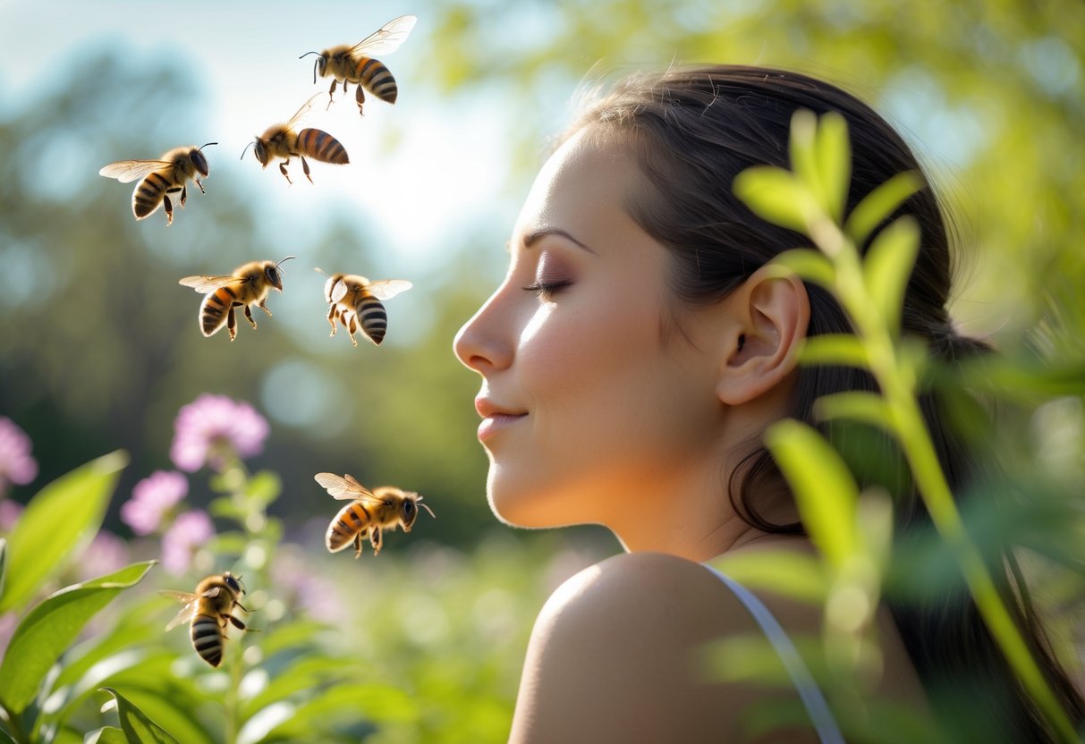 A person outdoors with several bees flying closely around their head and shoulders in a garden setting.